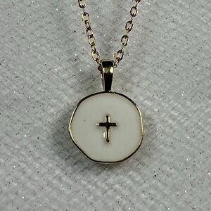 ✝️Gold & White Round Enamel Cross Pendant Necklace